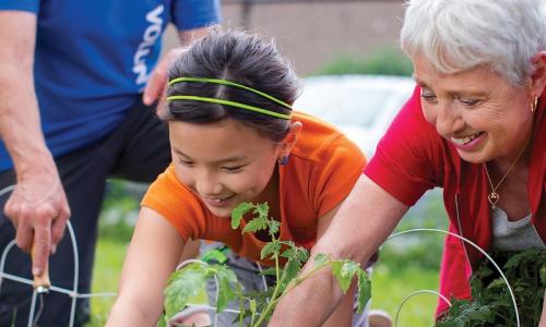 Child gardening with adults, happy, relaxed