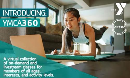 YMCA 360 Ad Woman exercising while watching video on computer