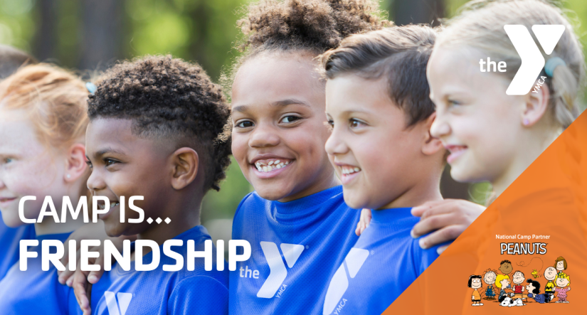 camp is friendship, peanuts characters, girl smiling with friends